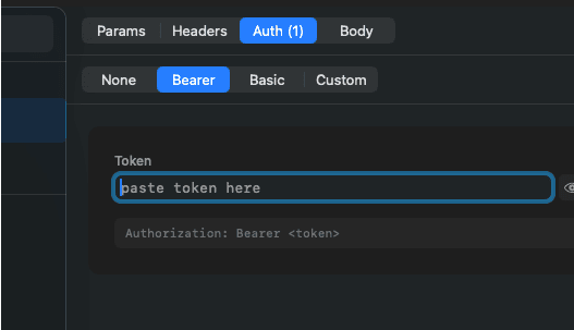 Auth configuration panel — Bearer, Basic, Custom