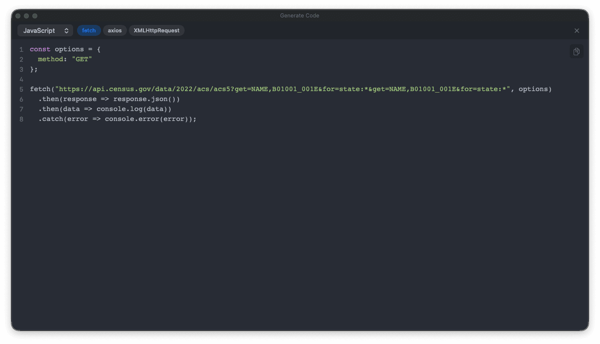 Floating code generation panel with syntax-highlighted output