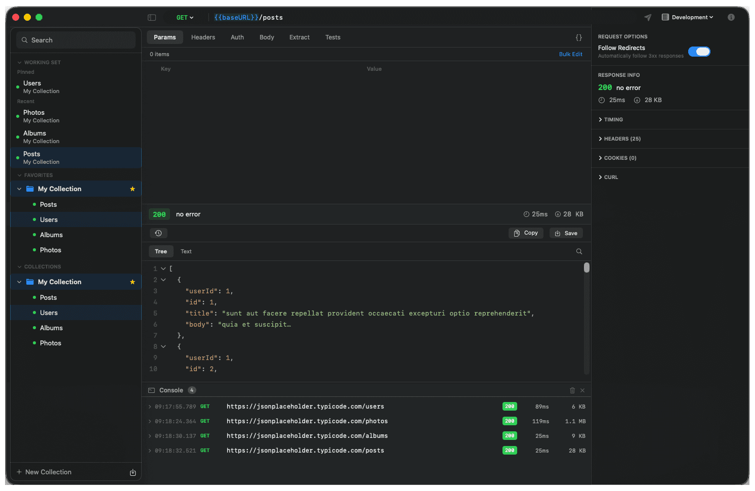 Relay — main app window with collections sidebar, URL bar, and request/response panels