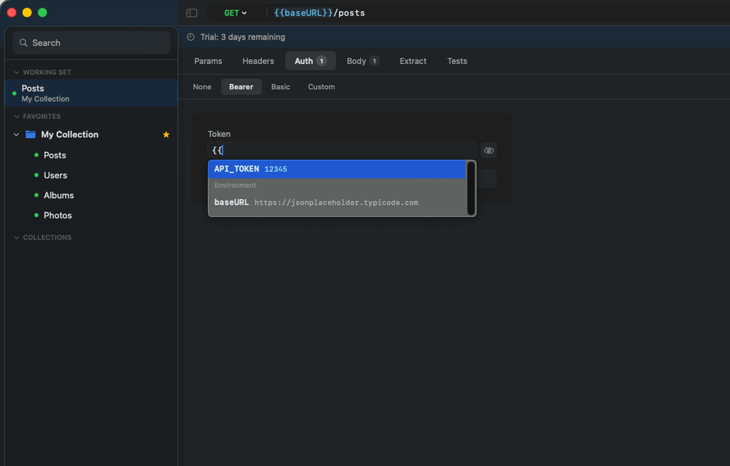 Auth configuration panel: Bearer, Basic, Custom