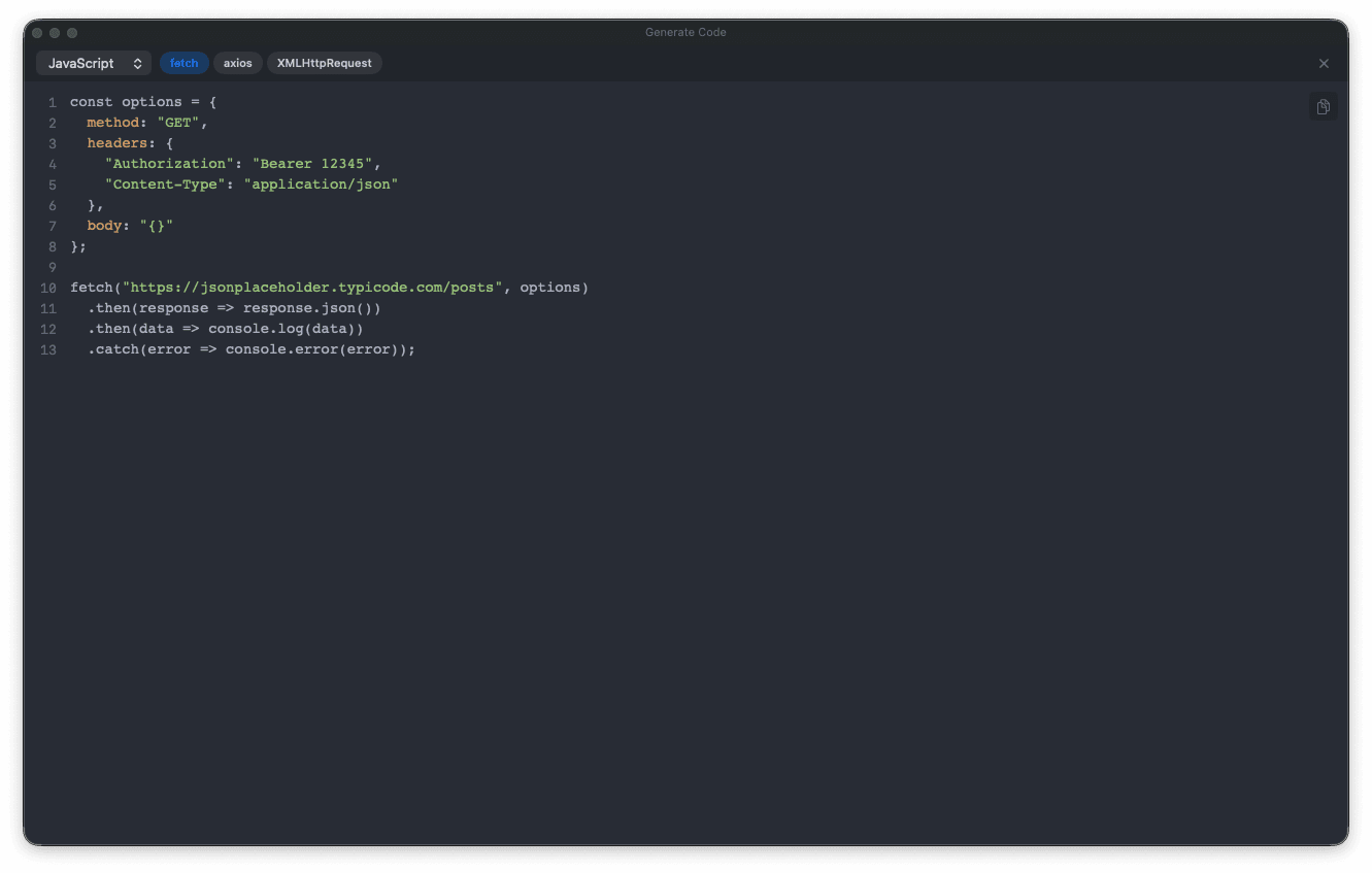 Floating code generation panel with syntax-highlighted output