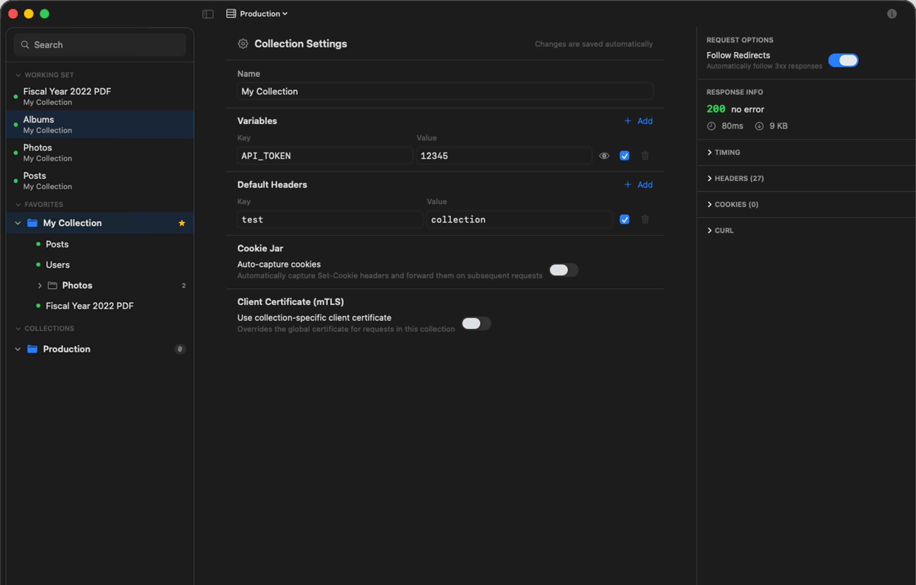 Sidebar with collections, folders, and request tree