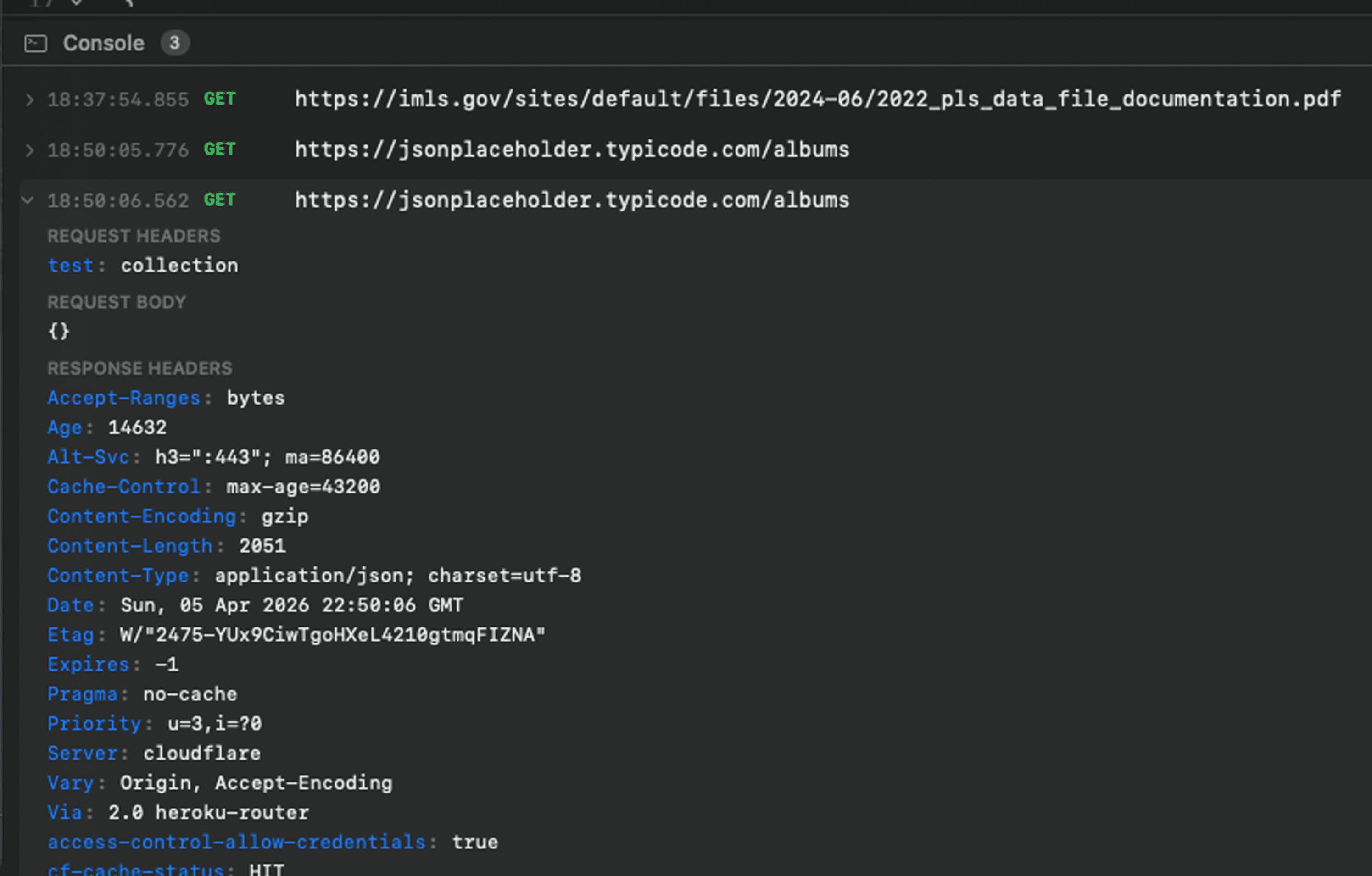 Console panel with request log entries and timing